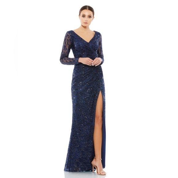 Mac Duggal 12412 NWT LONG SLEEVE RUCHED SEQUINED V-NECK GOWN - Picture 1 of 12